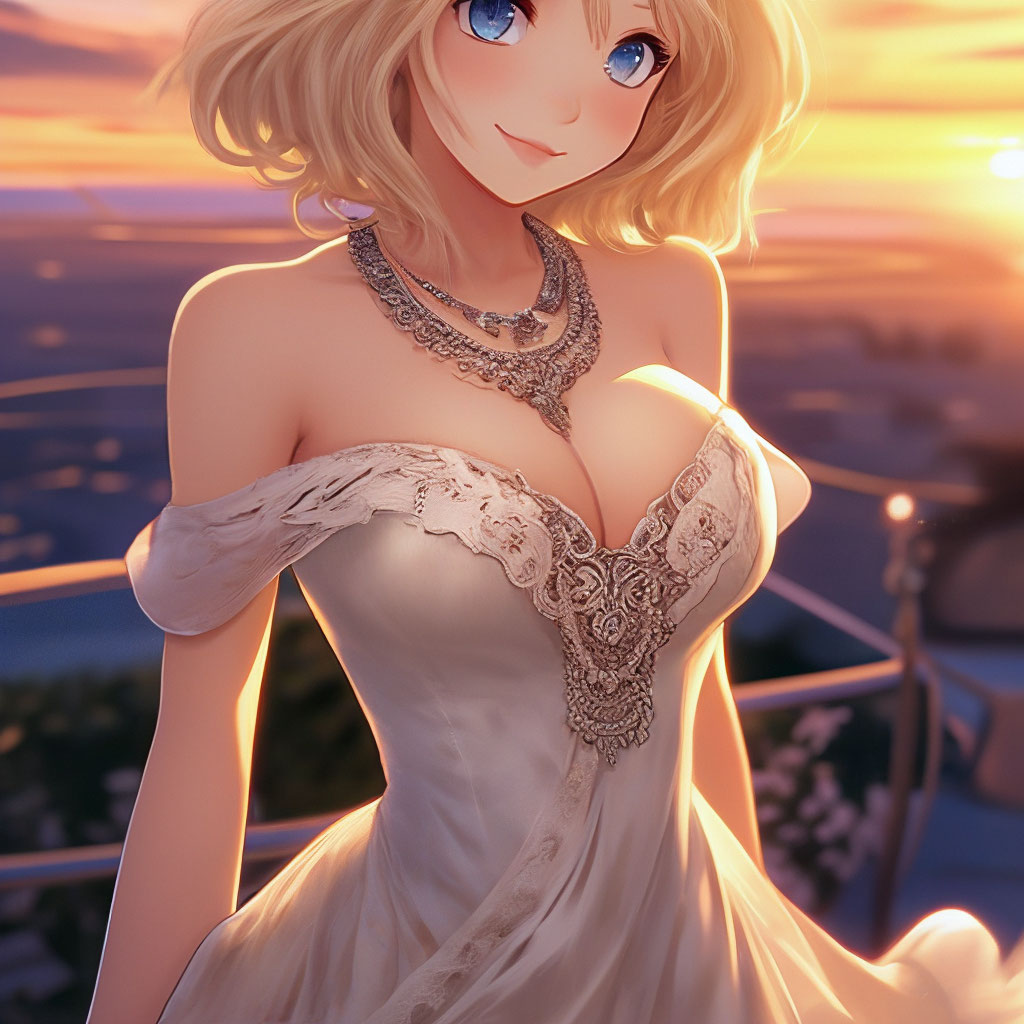 Beautiful young cute anime girl in a luxurious lace beige dress, the  largest"  image created in Shedevrum
