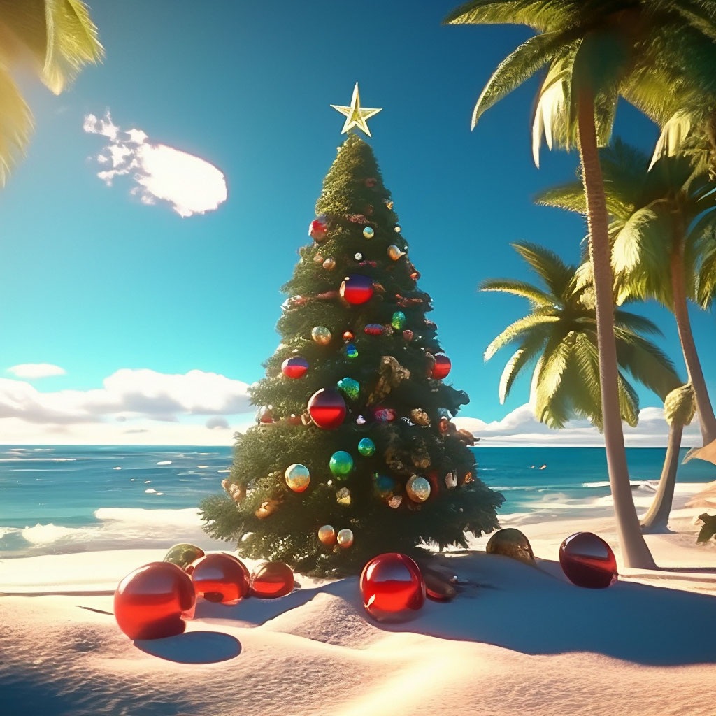 новогодняя ёлка на берегу моря океана и пальмы,солнечный день,тёплый воздух,64к,3d,uhd,реалистично,высокое качество атмосферно,волшебно,эпично