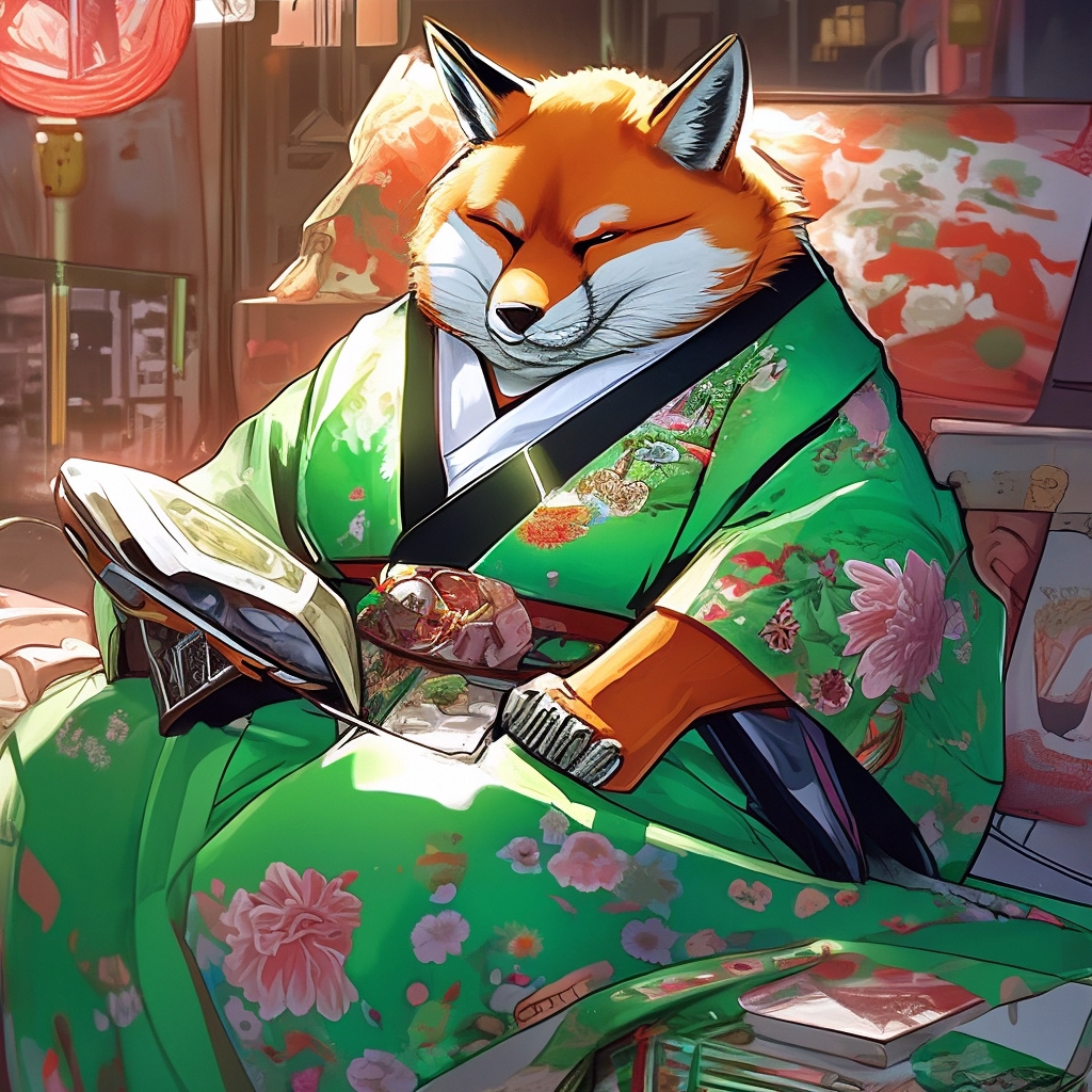 Толстая лиса в кимоно читает журнал…» — создано в Шедевруме