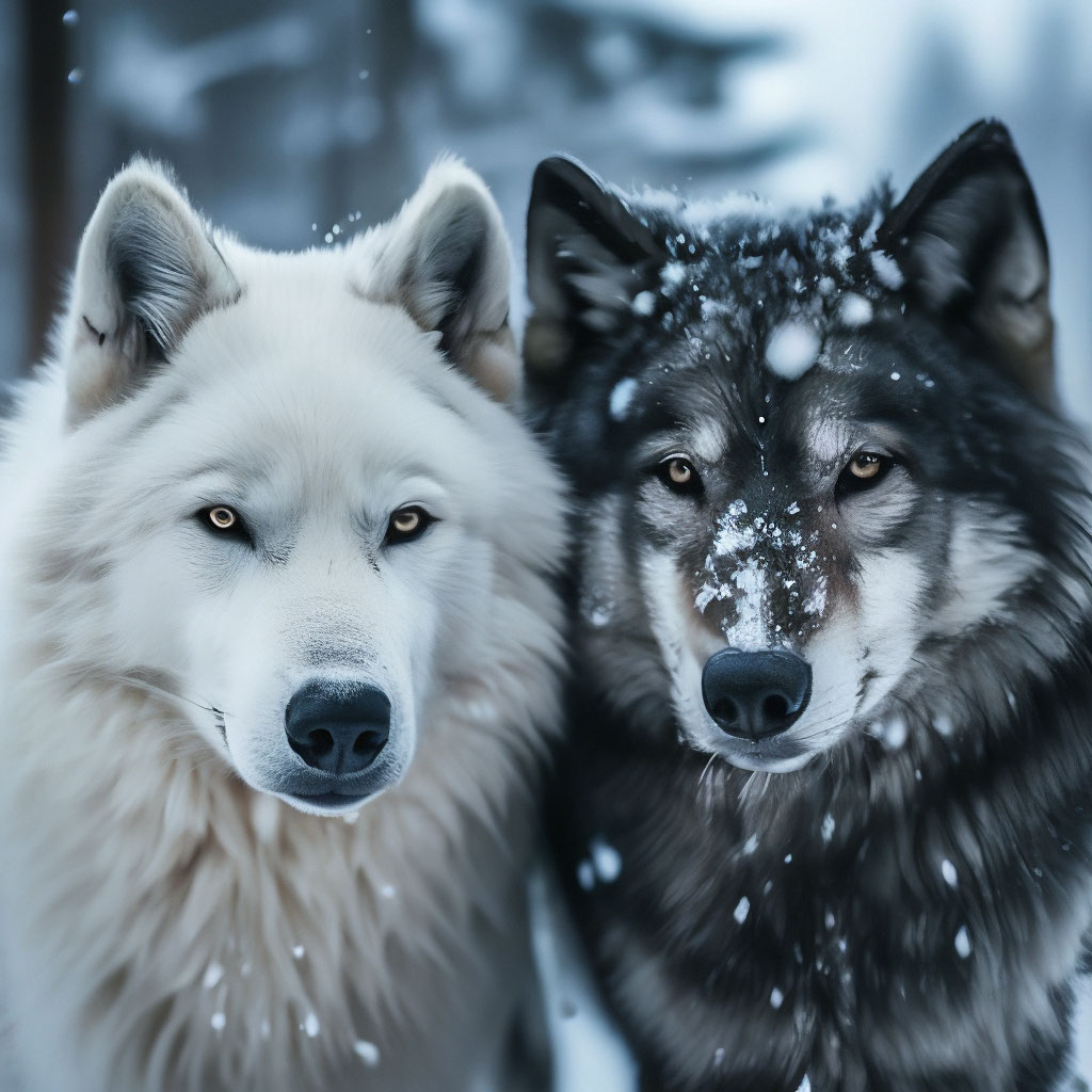 Белая волчица и черный волк. лежат…» — создано в Шедевруме