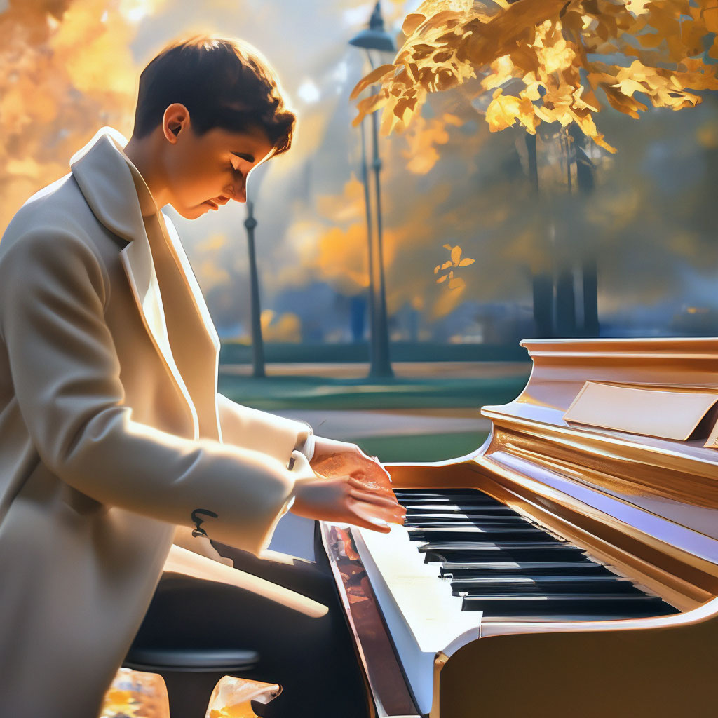 A young man plays a white piano…