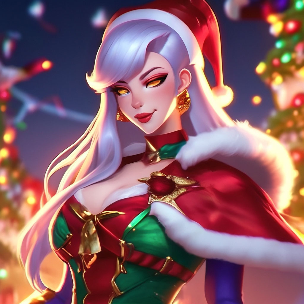 League of legends Evelyn KDA All out in a Christmas dress"  image created  in Shedevrum