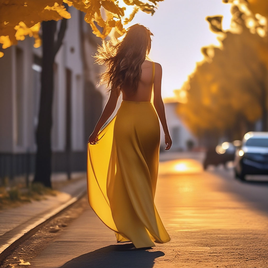 Anime girl in green dress walking down street with crowd of people - SeaArt AI