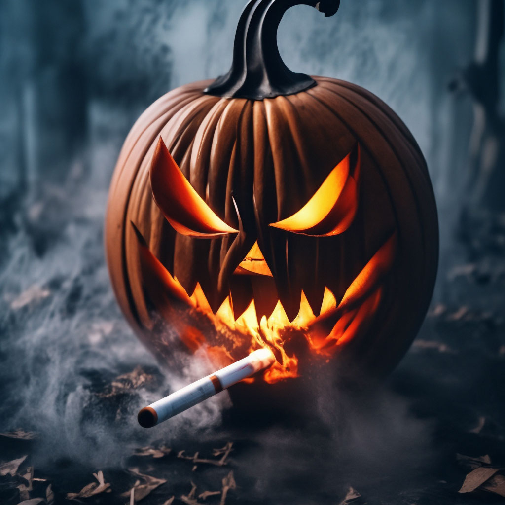 Halloween, scary pumpkin smoking a cigarette, fog, darkness, gloom, smoke