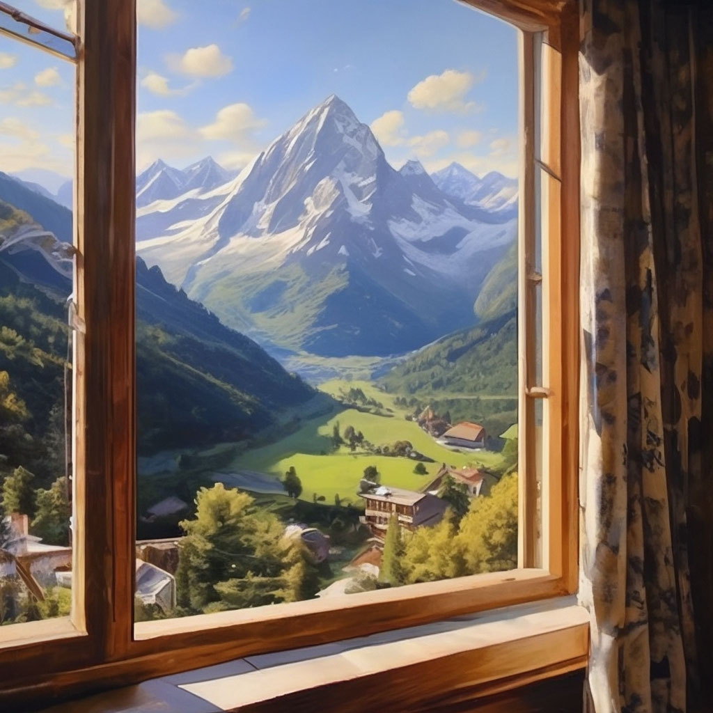 Вид из окна, горы, Альпы» — создано в Шедевруме