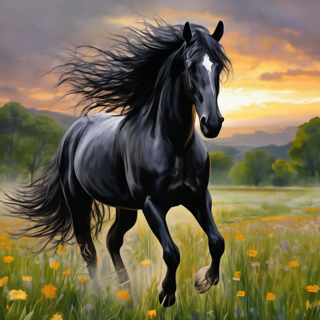 Чёрный конь+серая лошадь на лугу…» — создано в Шедевруме
