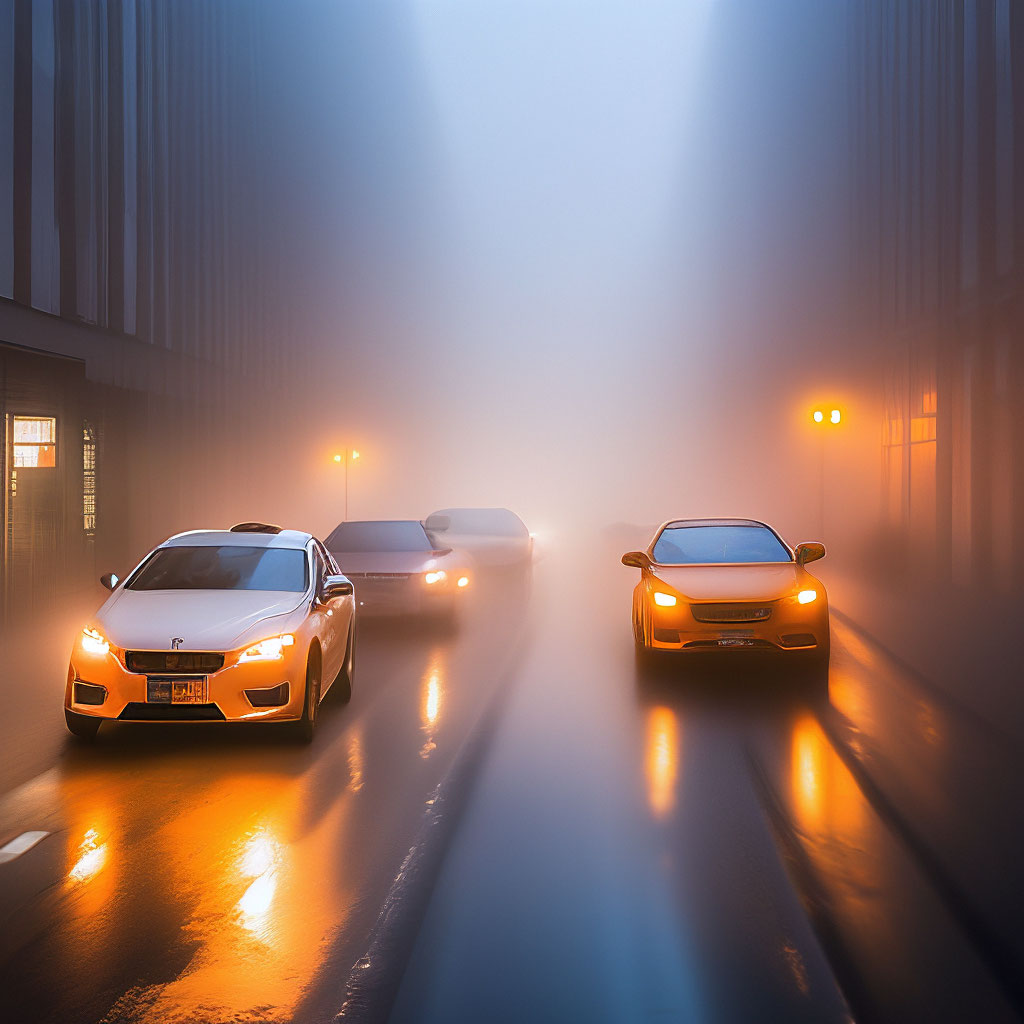 In the fog city, cars drive…