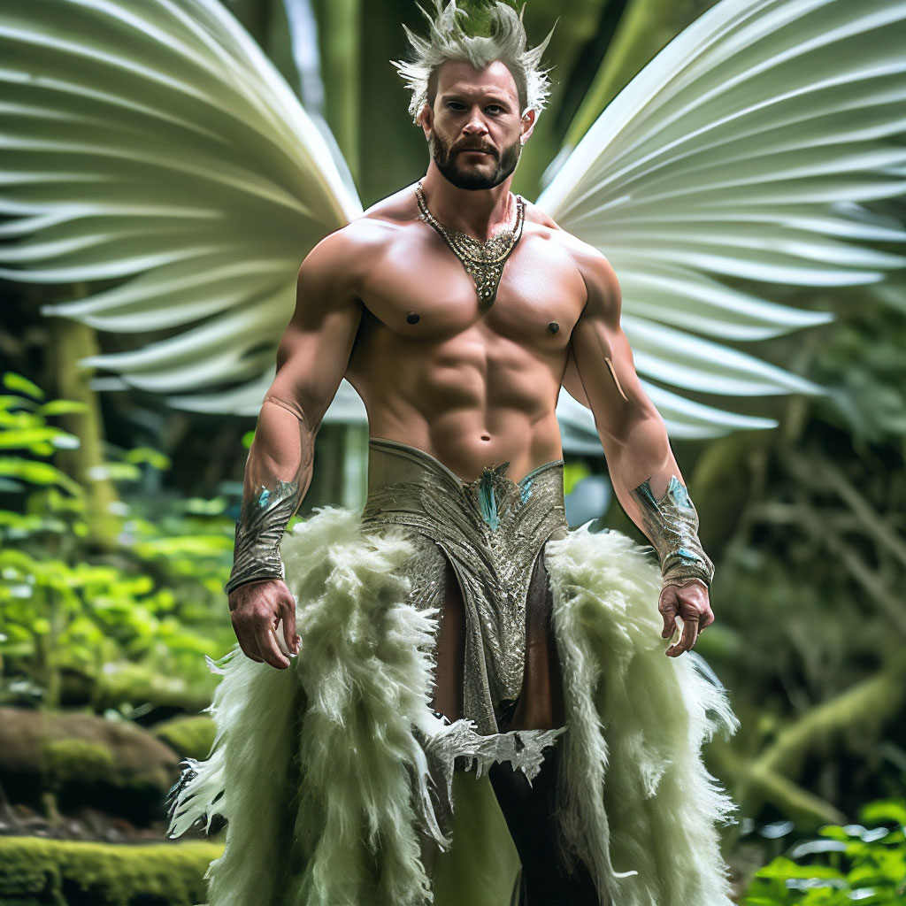 A powerful, pumped-up brutal man in a fairy outfit with a full skirt.with  "  image created in Shedevrum