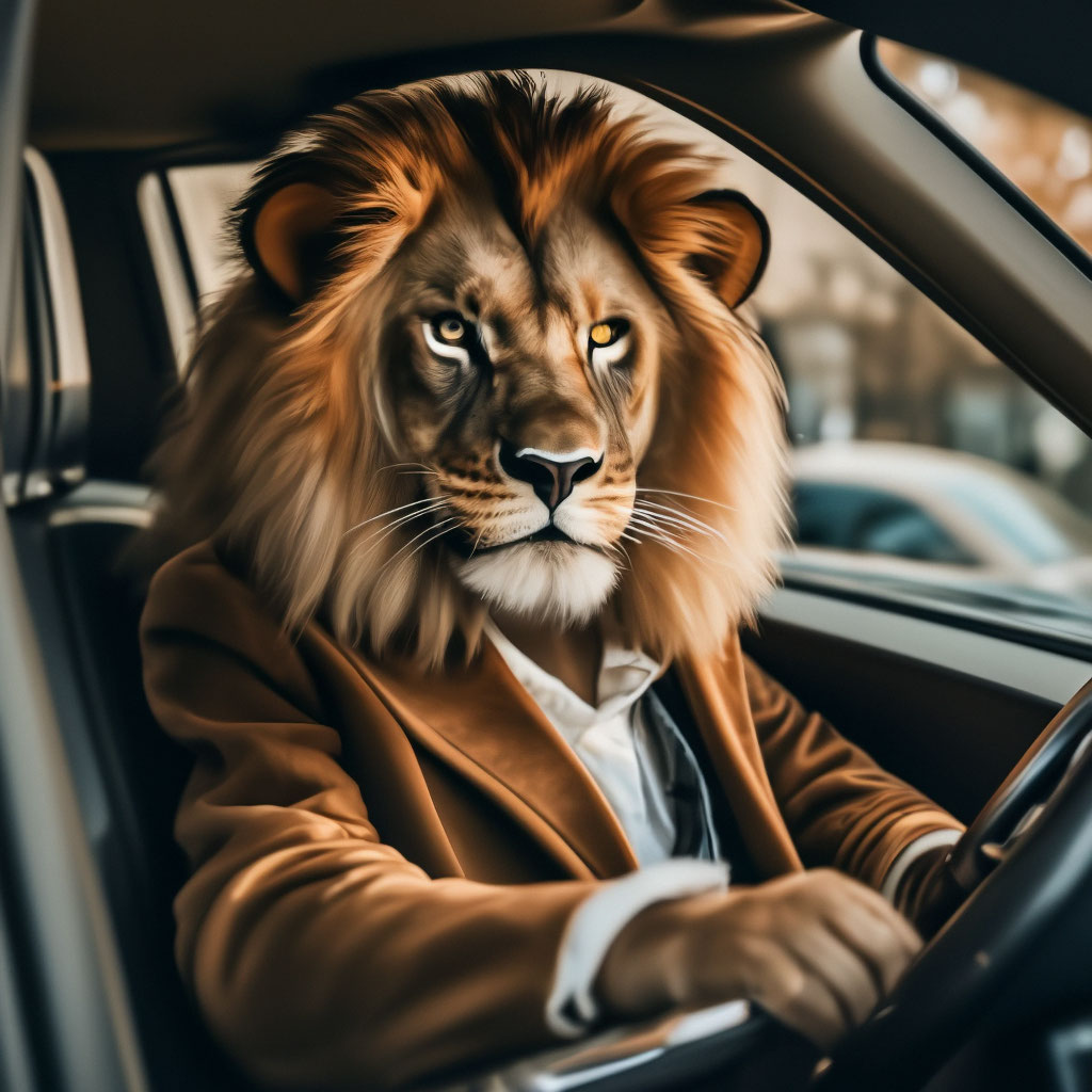 "A lion in a car a millionaire in a ." - image created in Shedevrum