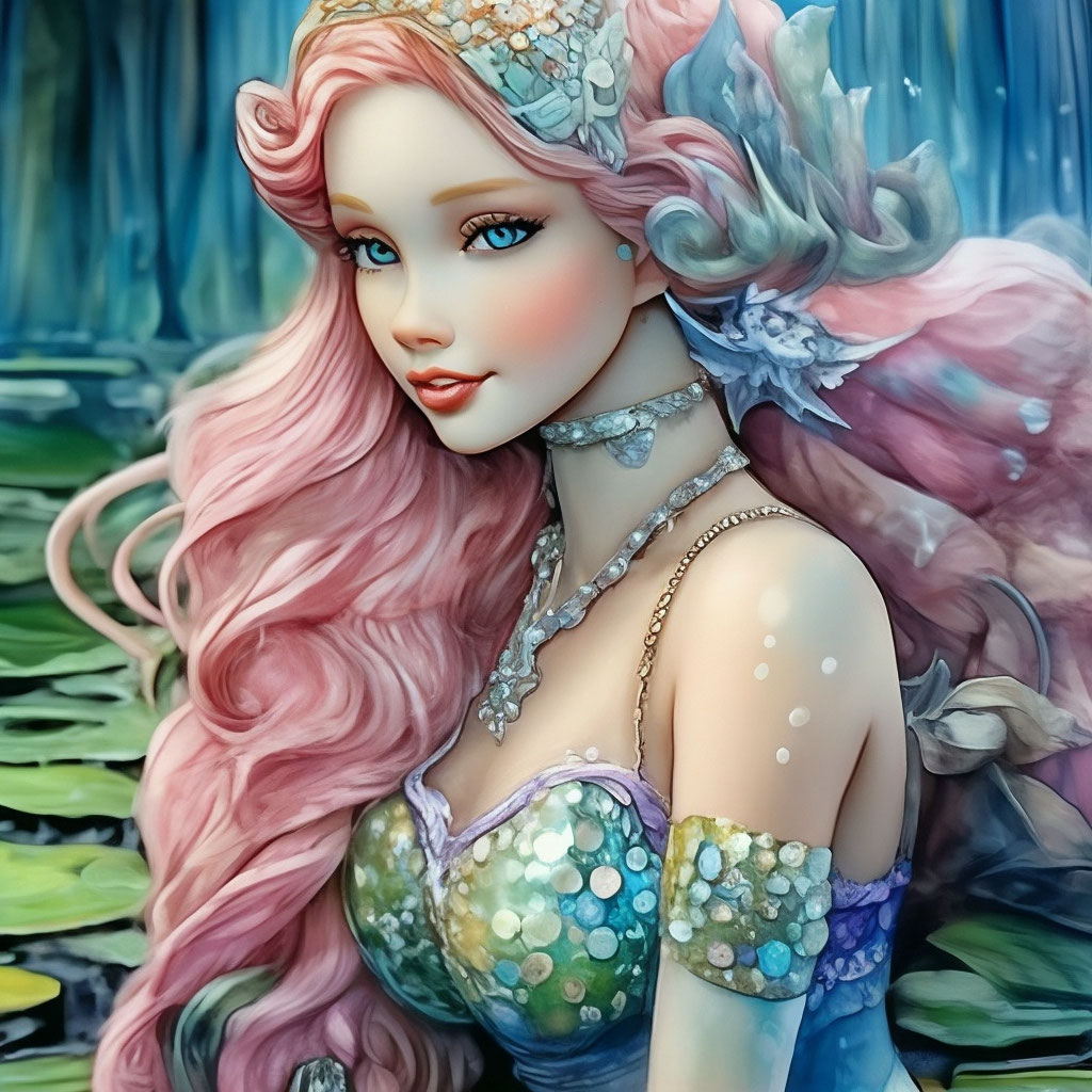 Barbie mermaid swamp watercolour image created in Shedevrum