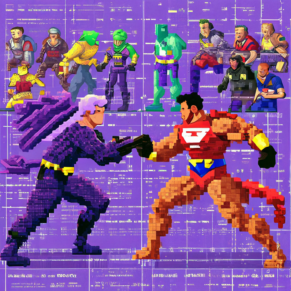 «Бой супергероев в фиолетовом костюме» — создано в Шедевруме