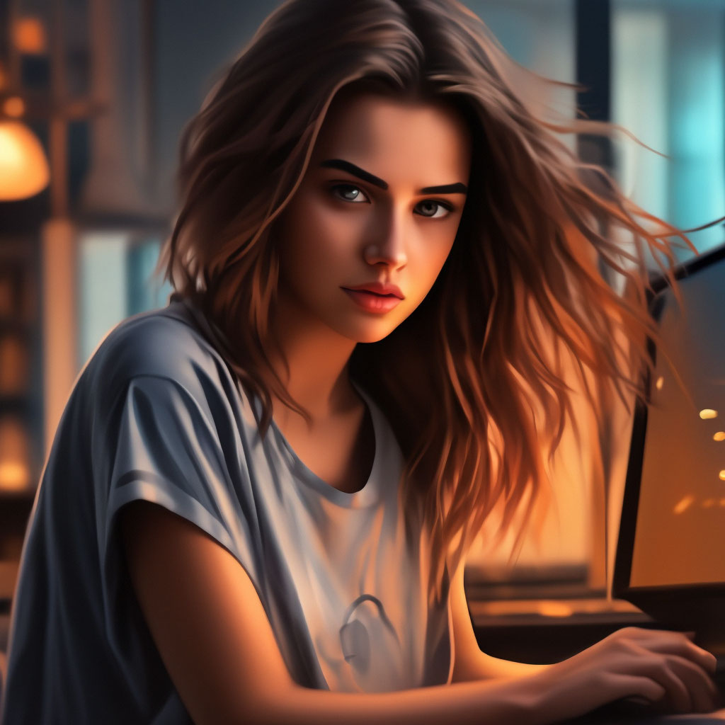 Красивая девушка за компьютером в …» — создано в Шедевруме