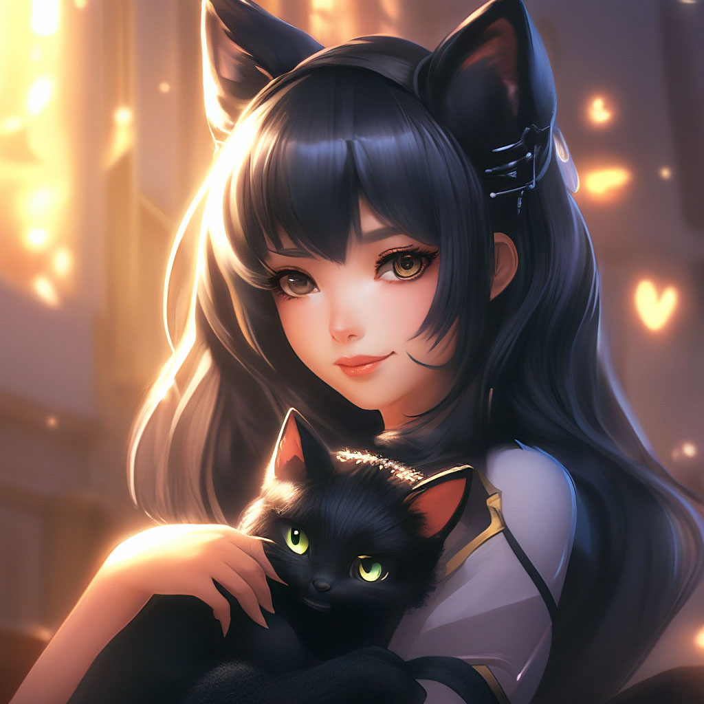 Neko chan with a black cat anime image created in Shedevrum