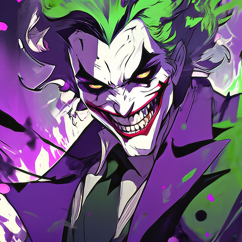 "Joker with blurred makeup, big smile." - image created in Shedev...
