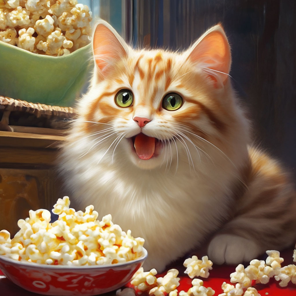 Кот ест попкорн gif