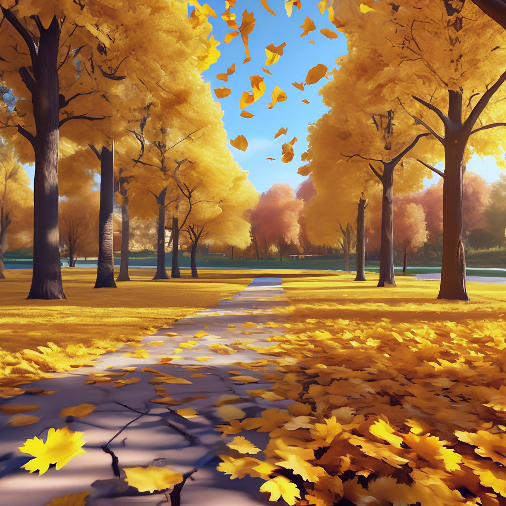 3d осень парк вдаль падают желтые…» — создано в Шедевруме