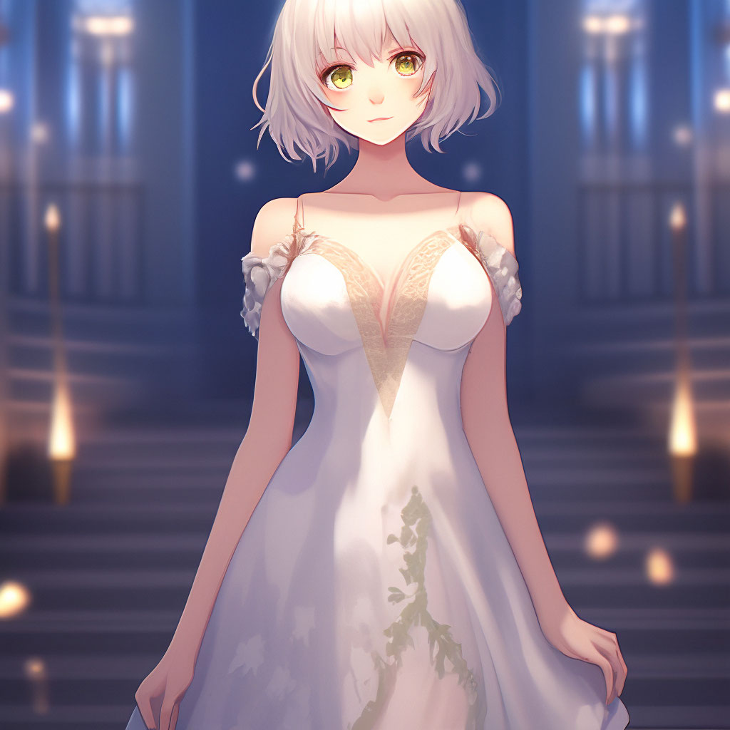 A beautiful cute anime girl in an elegant dress with a pattern with open  shoulders and a deep neckline, full-length…