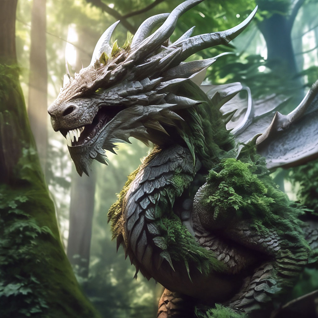Древесный дракон на фоне леса, …» — создано в Шедевруме