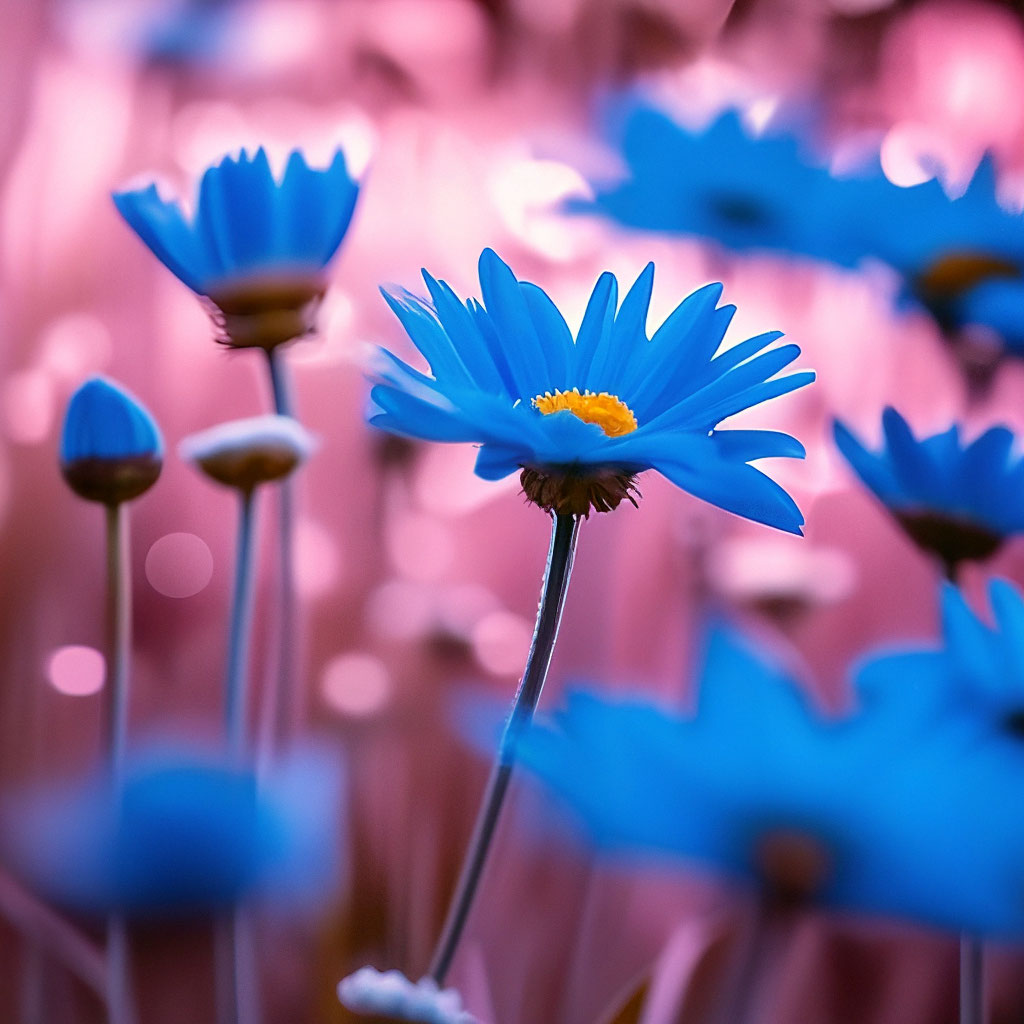 Синие ромашки в розовом поле ( …» — создано в Шедевруме