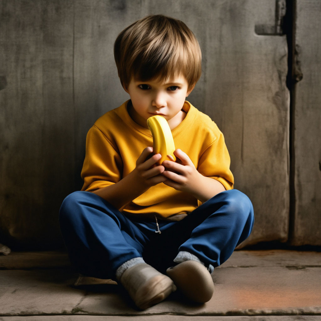  мальчик ест банан Мальчик ест банан сидит поджав ноги» — картинка создана в Шедевруме