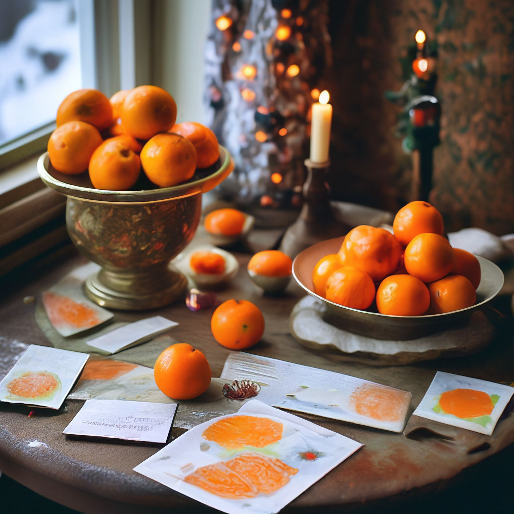 Картины: Новогодние открытки, мандарины, игрушки