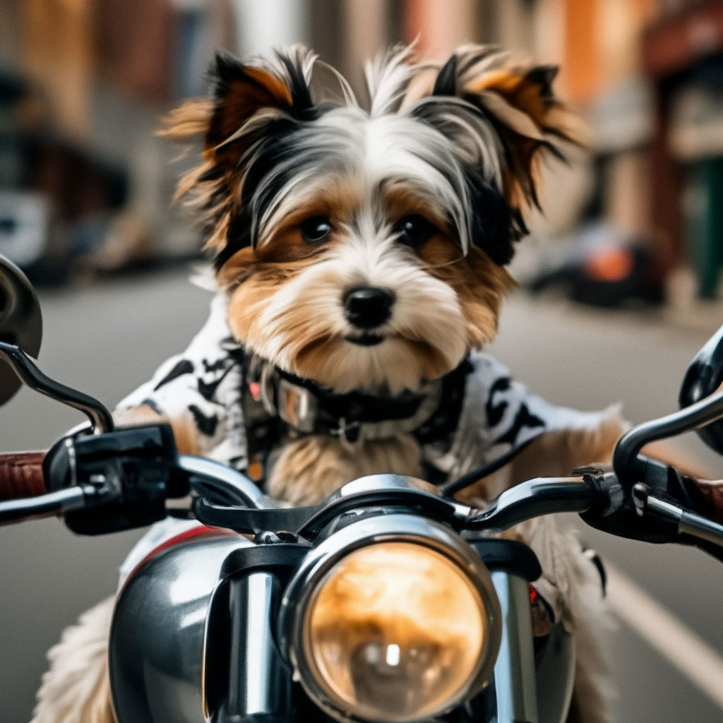 Собака бивер Йорк на мотоцикле» — создано в Шедевруме