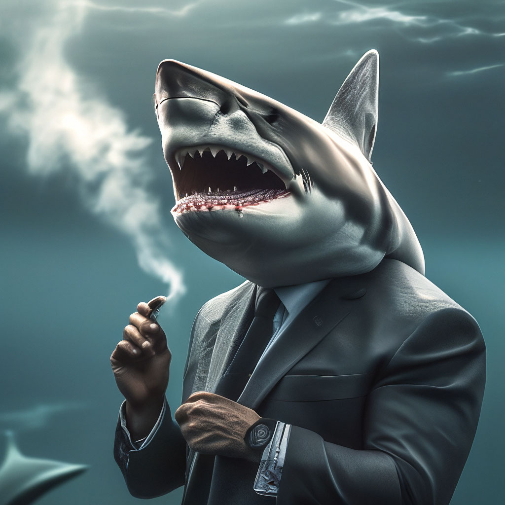 Shark with a cigarette in his hands on matte, aesthetically pleasing, …