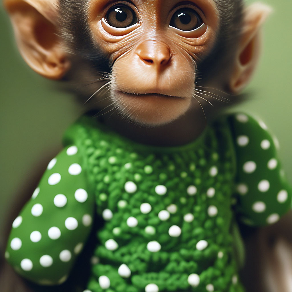Anfisa monkey, funny, funny, cute, cute, dark eyes, brown wool, green dress  with white polka dots, tail, "  image created in Shedevrum