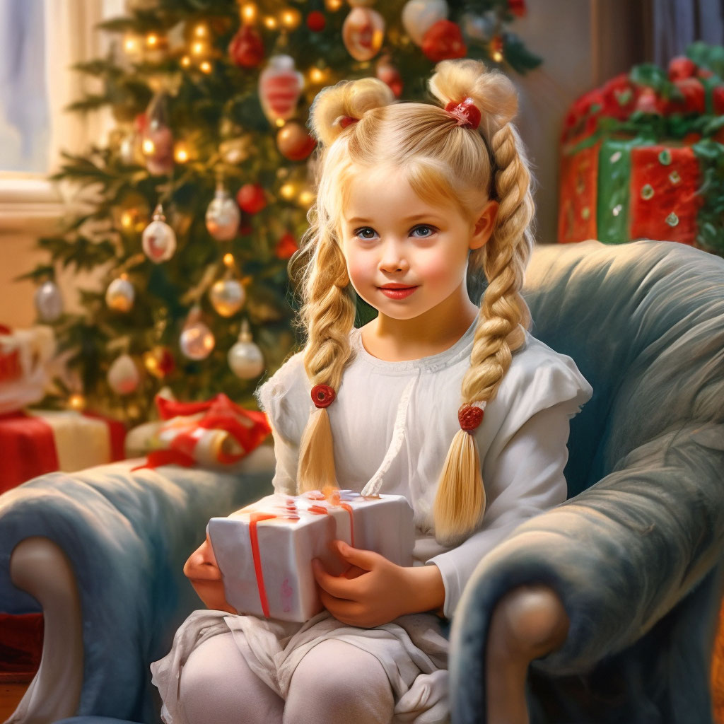 "A little blonde girl with ponytails on her head, serious, with ...