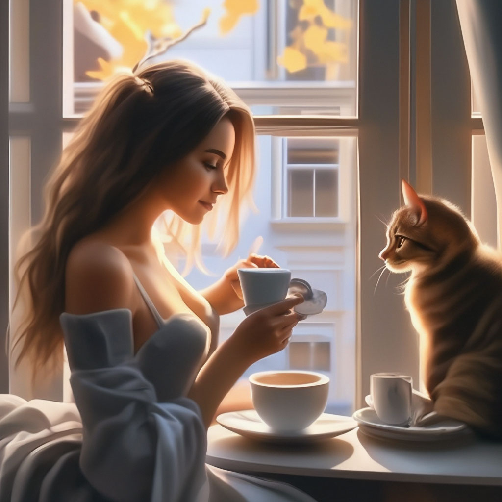 Фотография на тему Красивая девушка пьет утренний кофе в постели у окна | PressFoto
