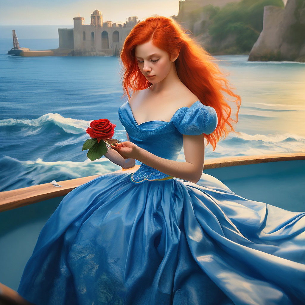 A girl with red hair in a blue Cinderella dress at sea holds a rose in her  "  image created in Shedevrum