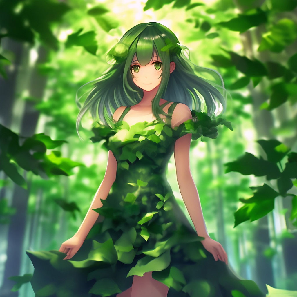 Anime girl in green leaves in a green dress and with a dress"  image  created in Shedevrum