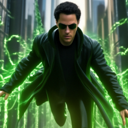 «Neo from the Matrix flies forward towards the camera, black mantle ...
