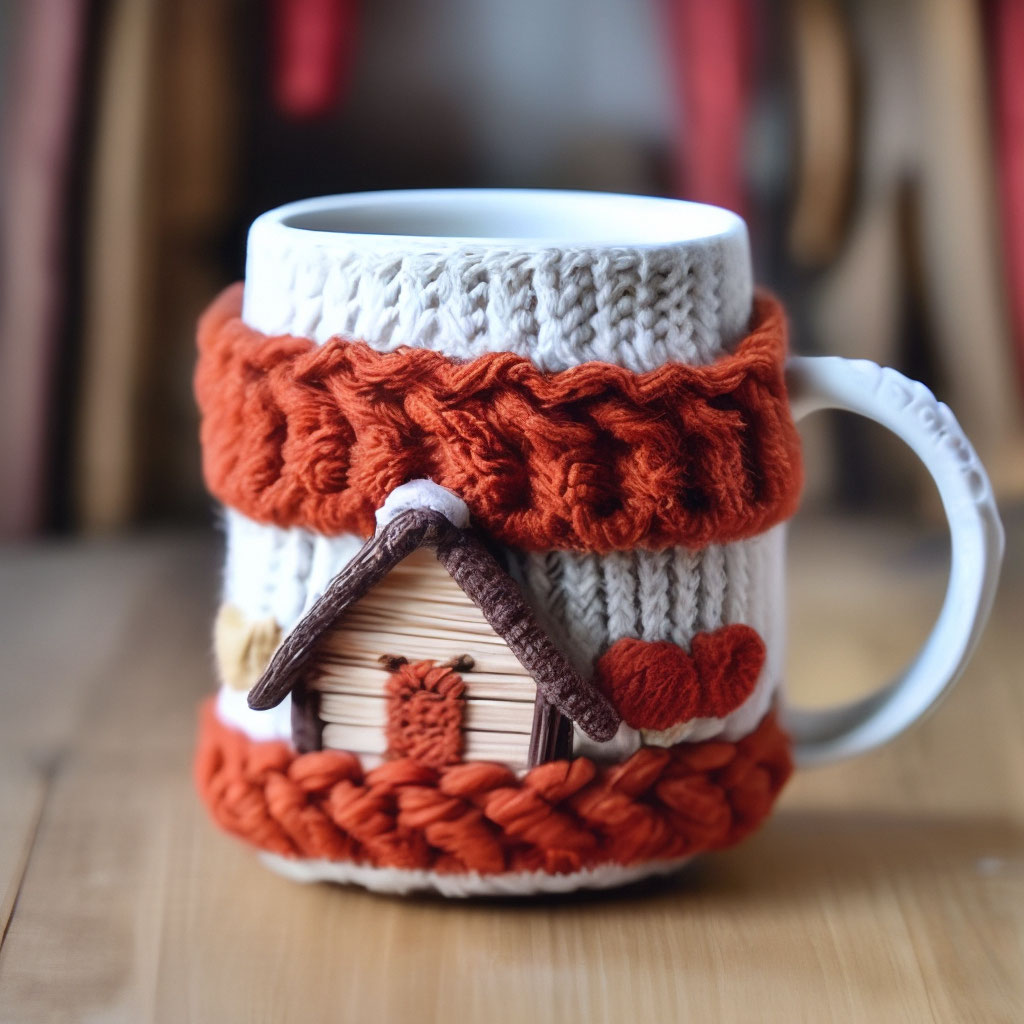Вязаная чашка кофе и вязаный шарф на деревянном столе.