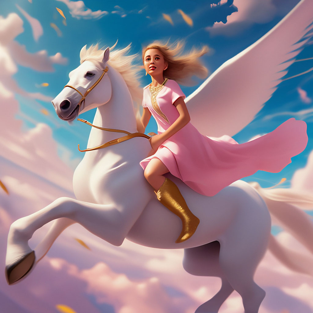 "A girl in a pink dress is flying fast in the sky on a white pegasus ...