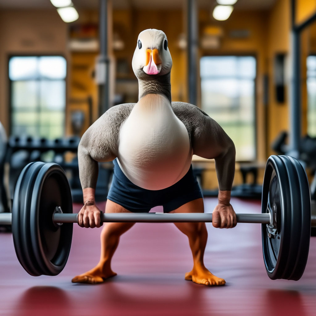 A goose does a barbell press in the … — image created in Shedevrum