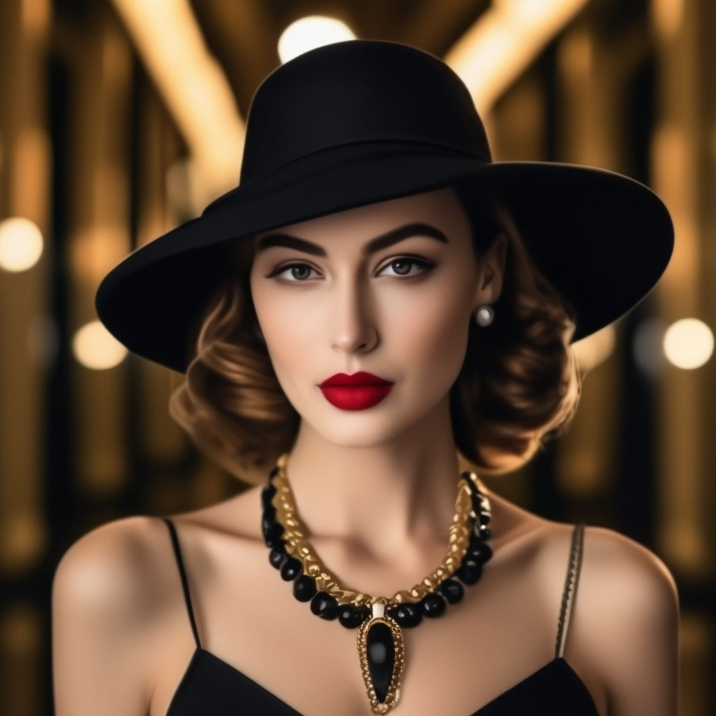 Woman in black dress and hat, Tumblr, luxury pearl necklace, only with red,  1950s vibe, elegant woman in