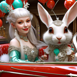 «An elf princess and a white rabbit in a shiny red children's car with ...