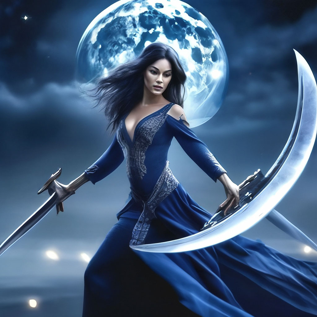Dark fantasy movie poster beautiful woman in navy blue dress navy blue  colour lady of the night around silver "  image created in Shedevrum