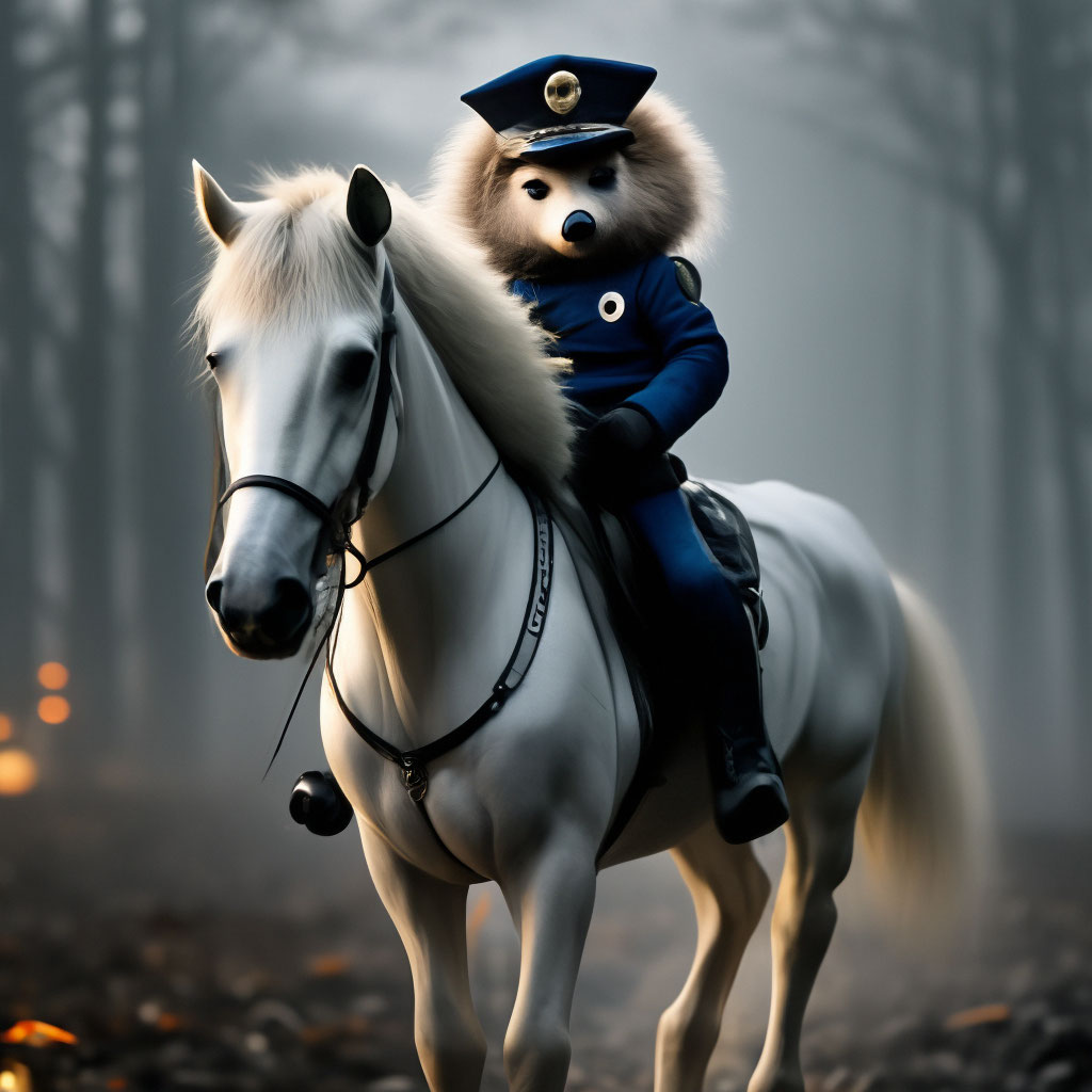Белая лошадь в тумане, а на лошади сидит ежик в форме ...