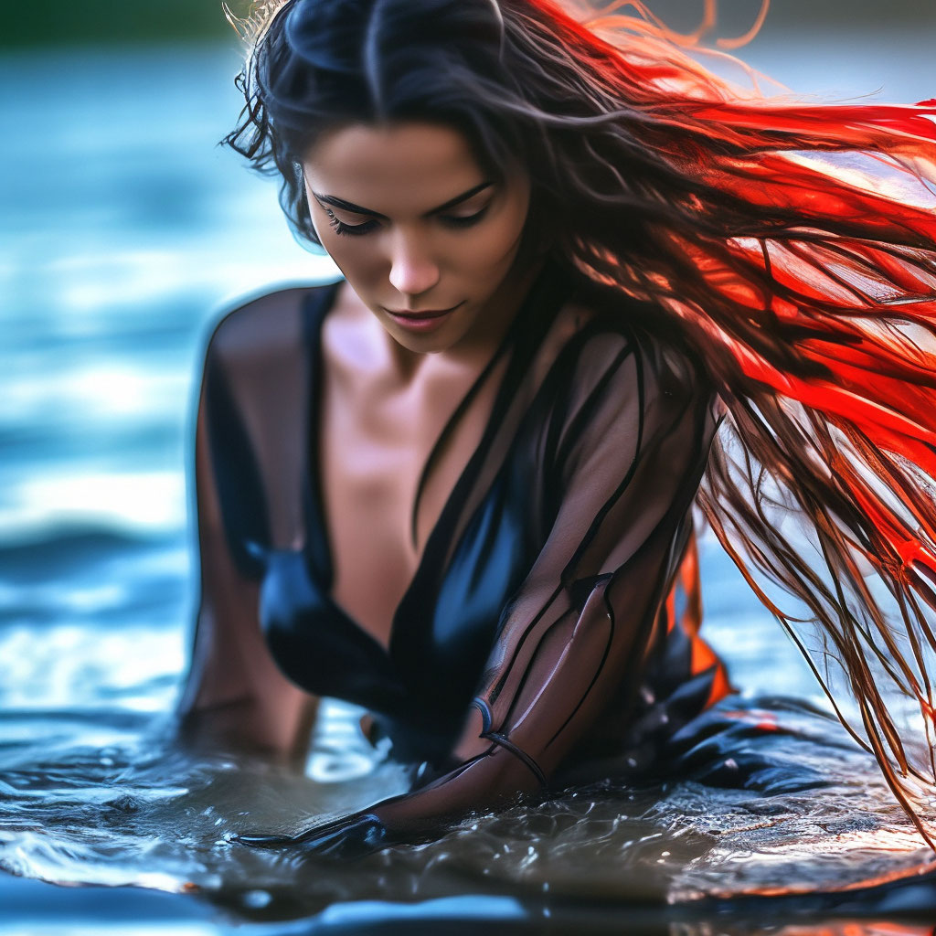 Красивая девушка сидит в море в мокрой одежде на фоне пляжа