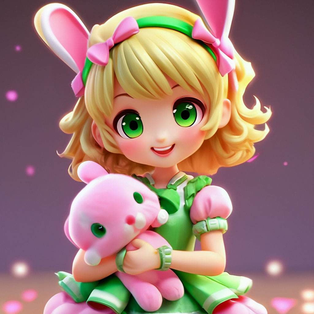 Anime Girl, 3D anime, little anime Girl in a pink dress, short blonde hair  wavy curls, green cute big eyes, sweet "  image created in Shedevrum