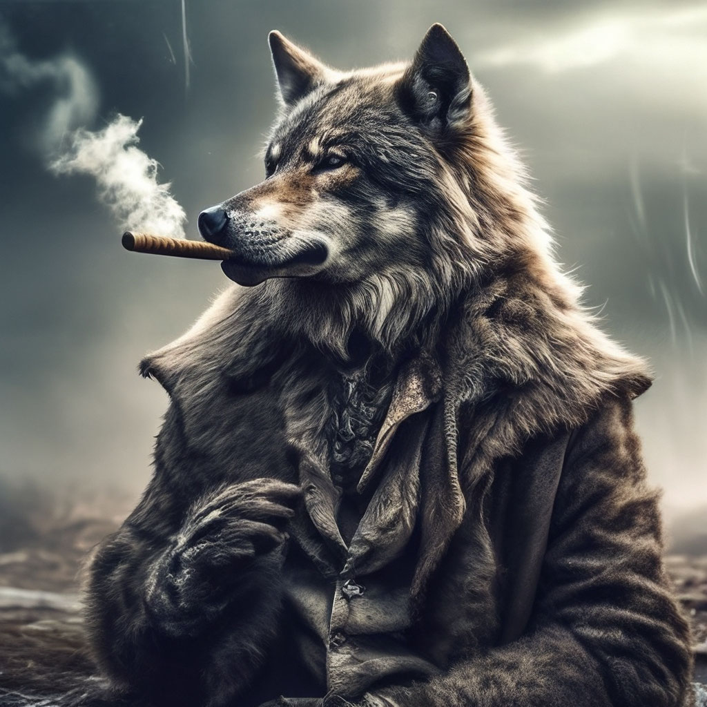 The tough wolf smokes a cigar