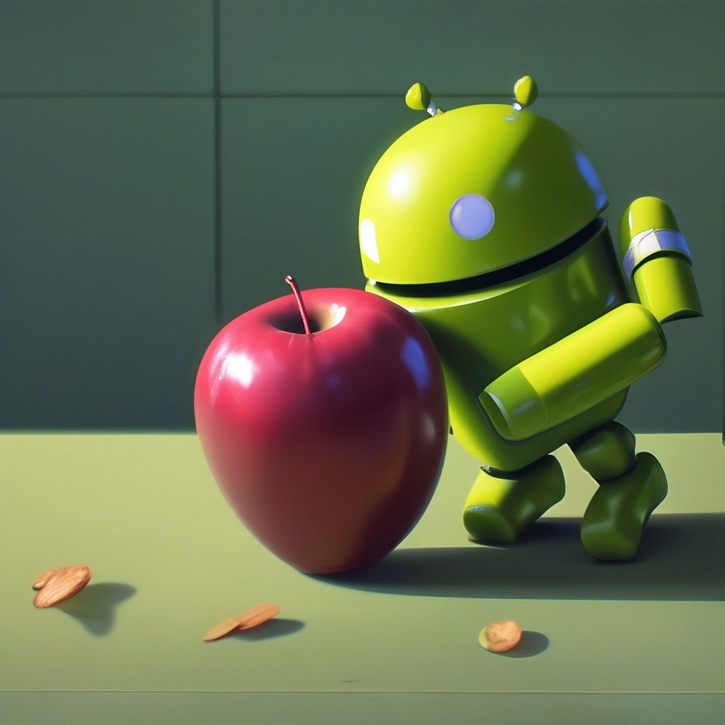 Андроид ест яблоко» — создано в Шедевруме