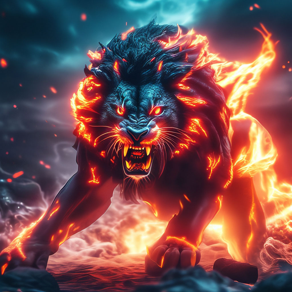 Fire lion fights evil, professional photo, beautiful