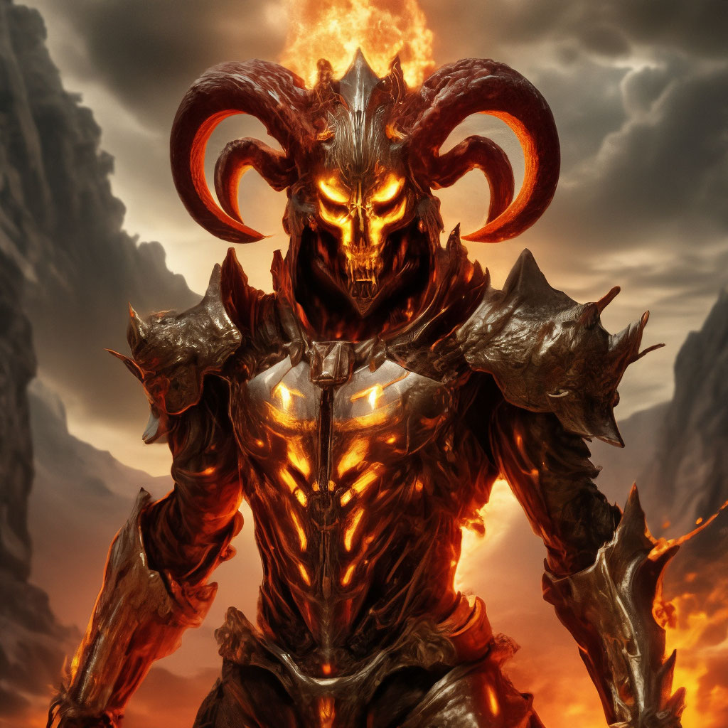 On the horizon there is a titanic sun-faced demigod, a skeleton of red-hot  …" — image created in Shedevrum