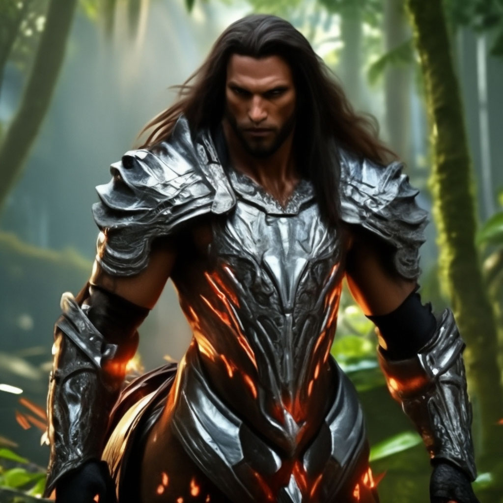 «Centaur, strong, muscular, scars, long hair, brutal, silver armor ...