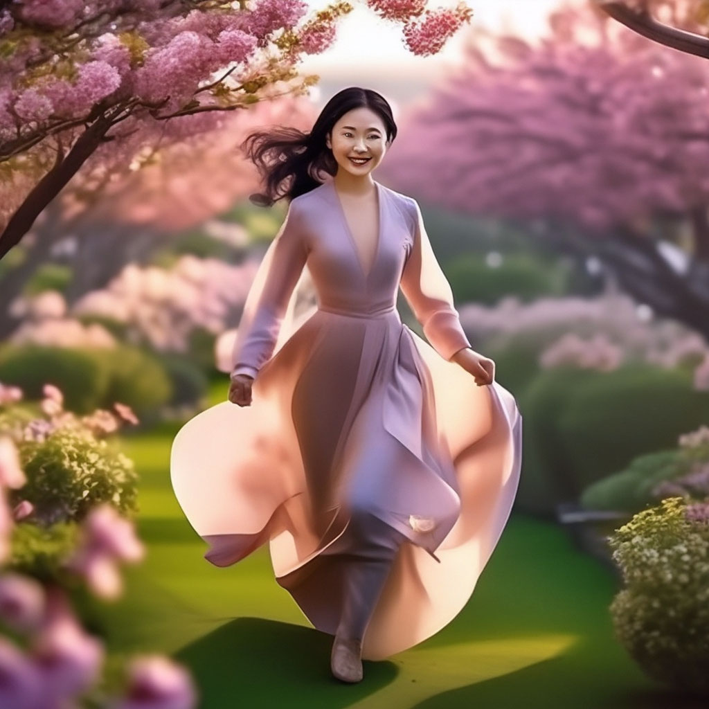 Девушка-азиатка в длинном пышном платье с бантом