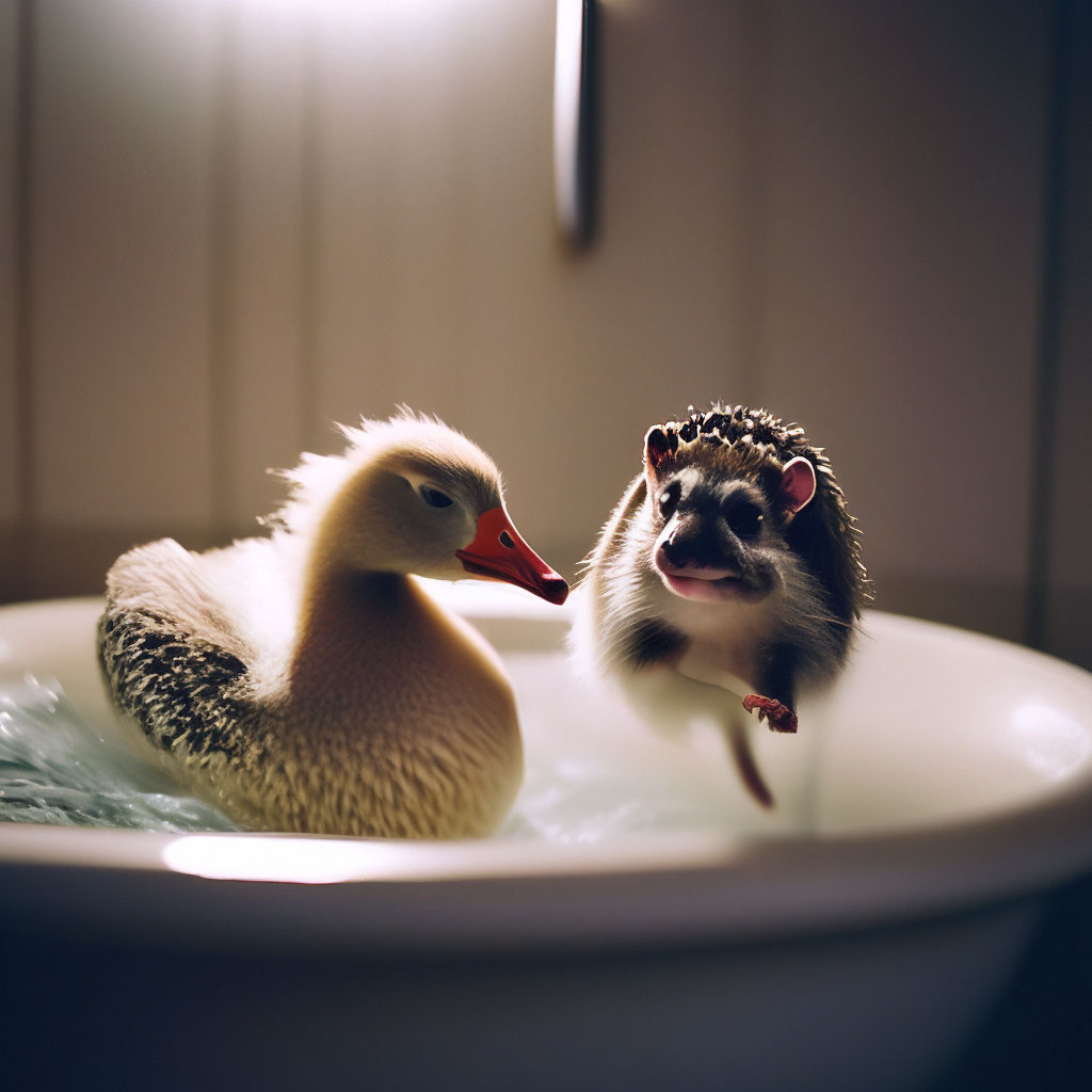 Goose and hedgehog in the bath, goose…