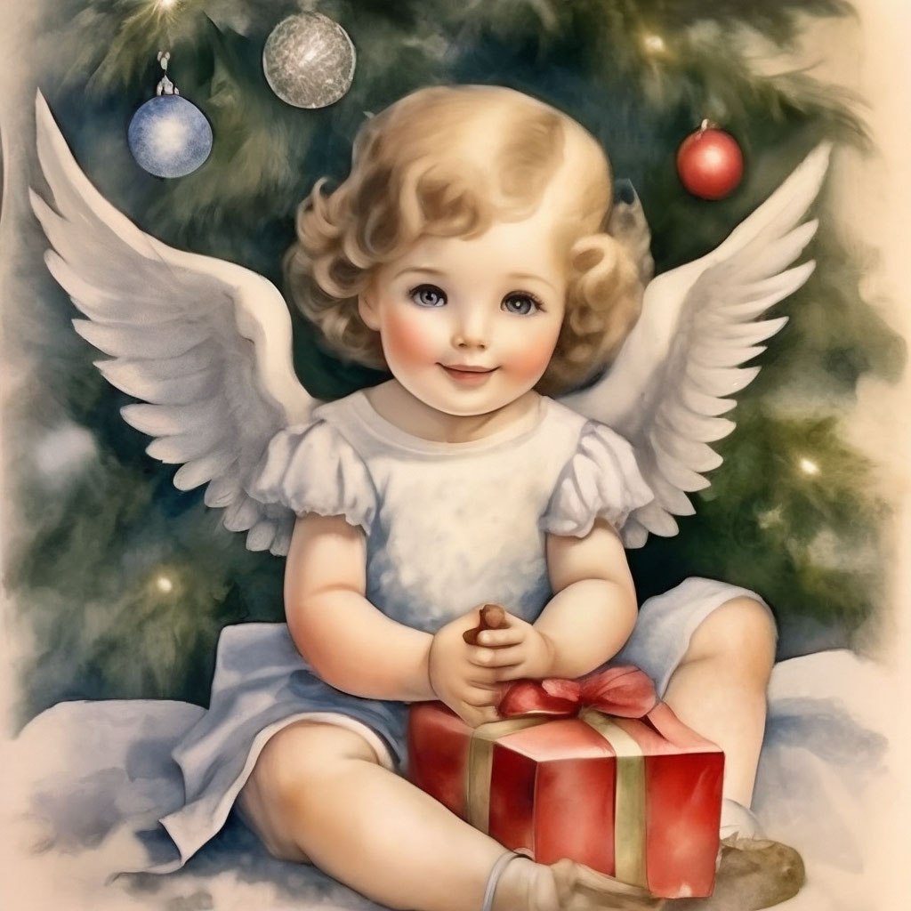 Ангел с бенгальским огнём, рождественская открытка, акварель, детали золотая и серебряная гуашь